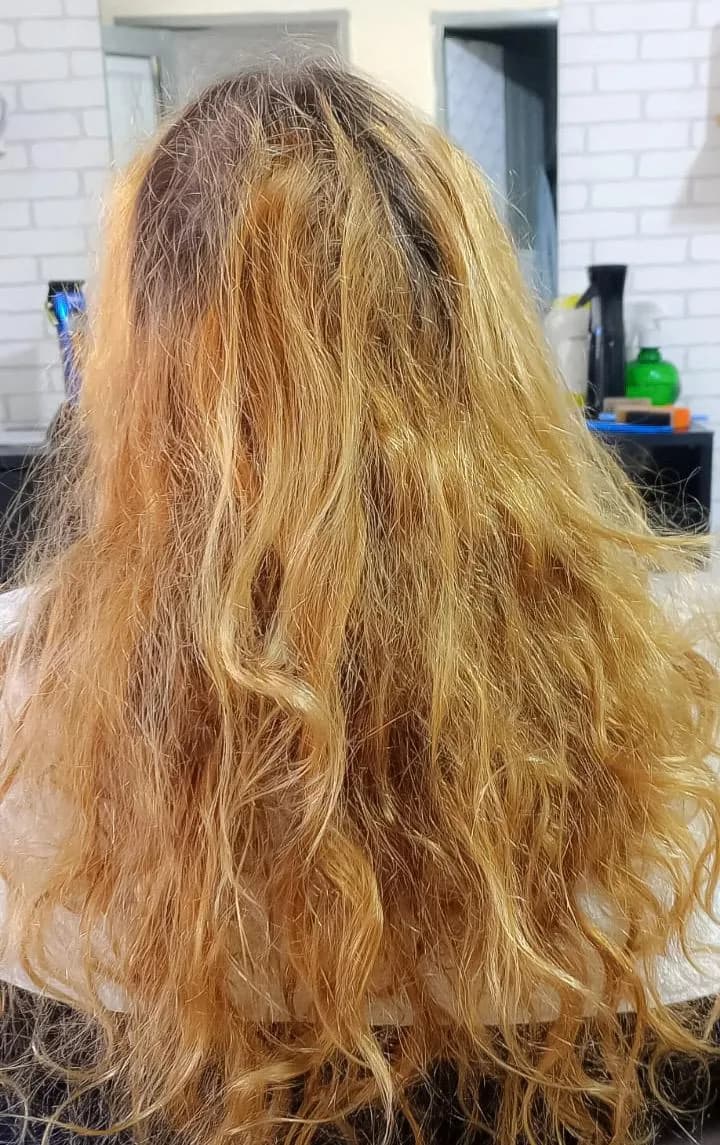 Cabelo longo loiro, ondulado e com frizz, visto de costas antes do tratamento